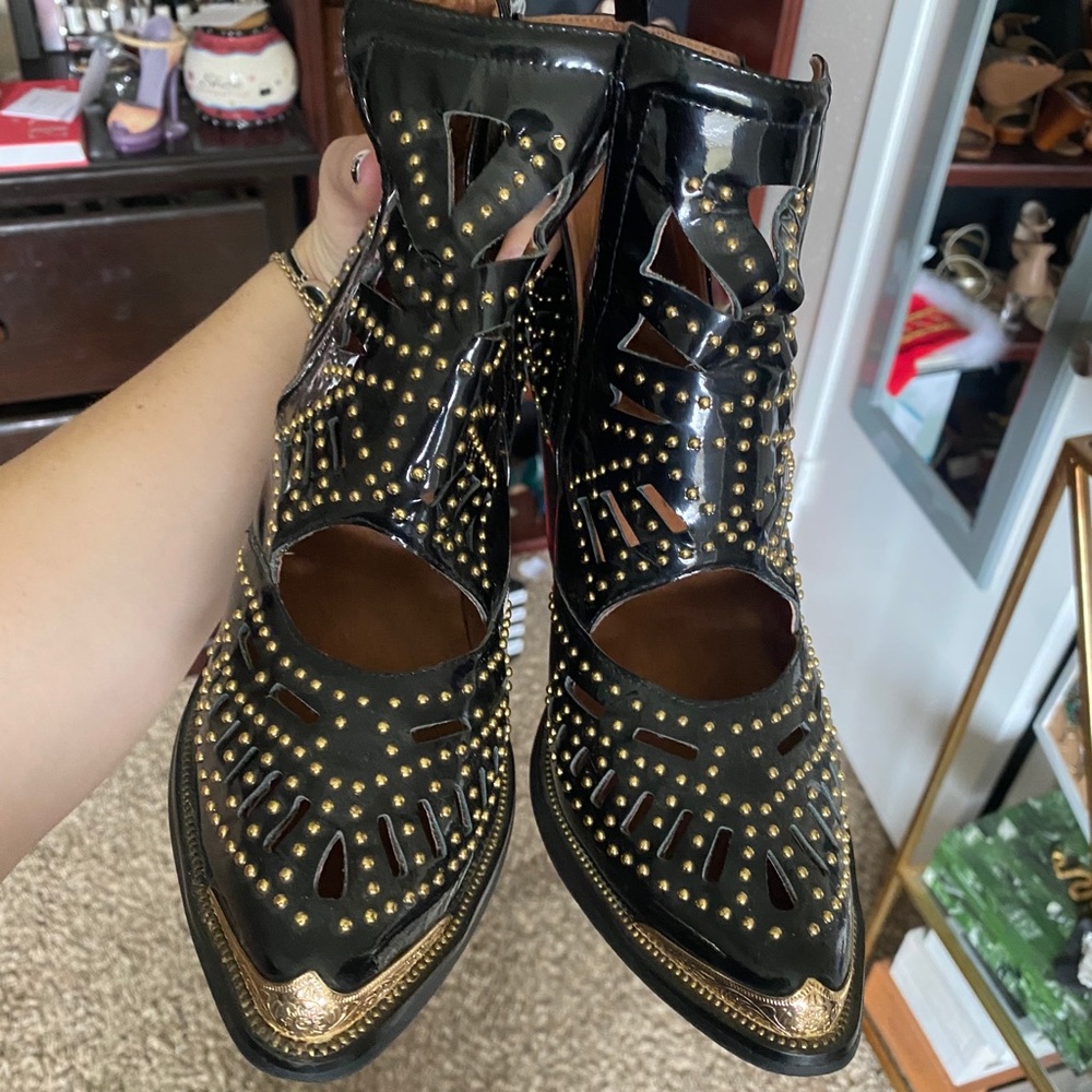 Jeffrey Campbell Black Patent Studded Cutout Ankle Booties with Gold Trim - Picture 3 of 5